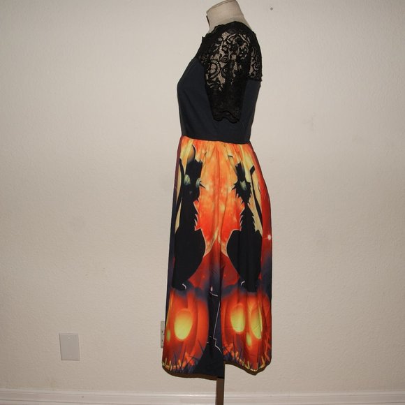 HALLOWEEN Lace Panel Cat+Pumpkin Flared Dress sz 4 - Picture 6 of 8